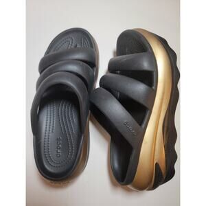 Crocs Mega Crush Sz 8 Triple Strap Black Metallic Gold Sandal Slide Platform